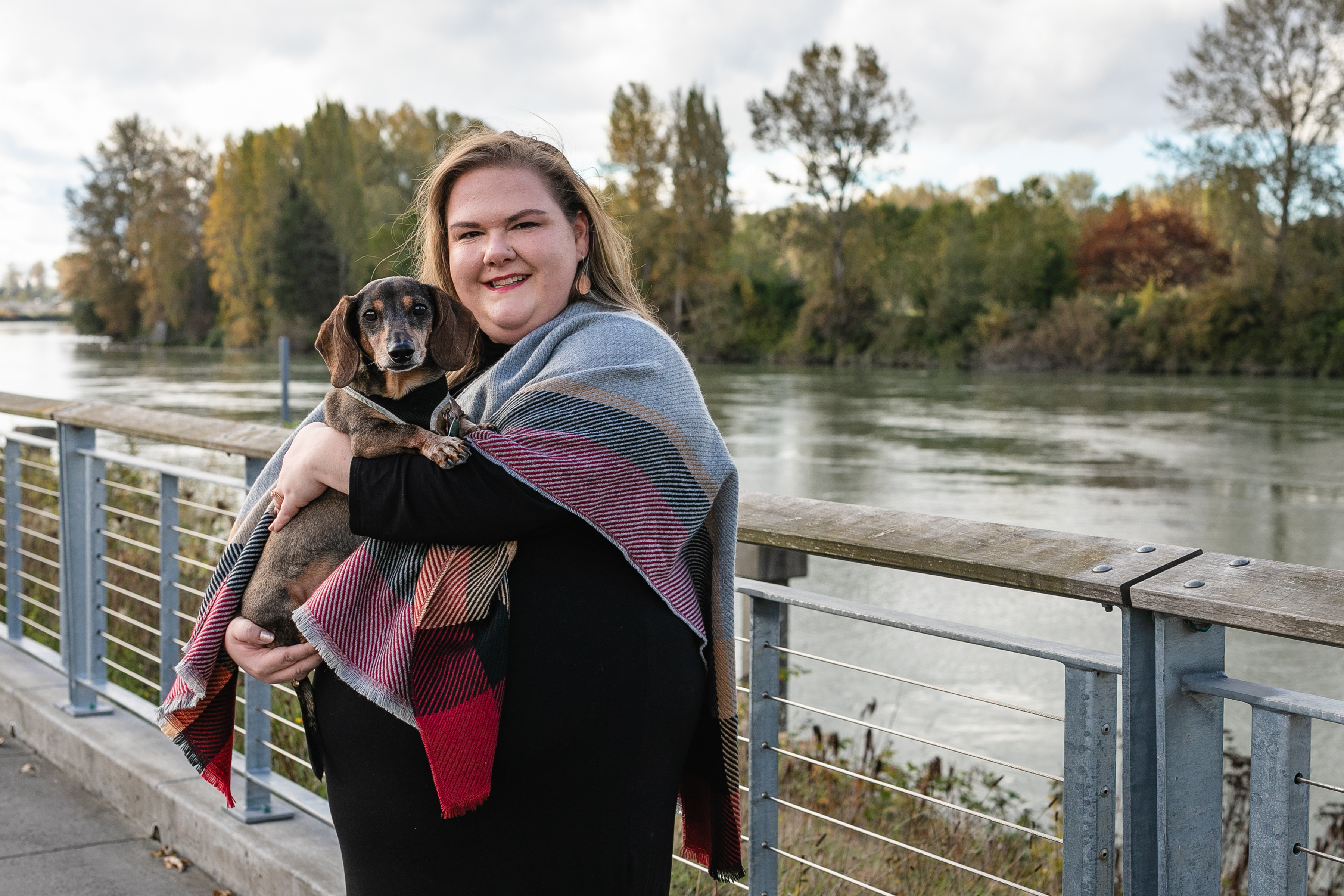 Jessica holding her dachshund, Hershey